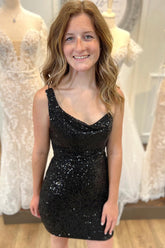 Black Homecoming Dress Spaghetti Straps Sequin Backless Tight Prom Dress