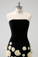 Black Homecoming Dress Strapless Bodycon Short Cocktail Dresses with 3D Flowers