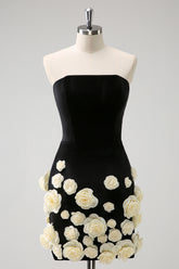 Black Homecoming Dress Strapless Bodycon Short Cocktail Dresses with 3D Flowers