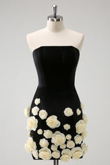 Black Homecoming Dress Strapless Bodycon Short Cocktail Dresses with 3D Flowers