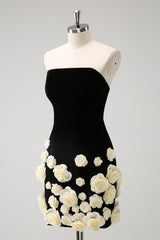 Black Homecoming Dress Strapless Bodycon Short Prom Dress with 3D Flowers