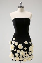 Black Homecoming Dress Strapless Bodycon Short Prom Dress with 3D Flowers