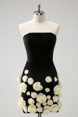 Black Homecoming Dress Strapless Bodycon Short Prom Dress with 3D Flowers