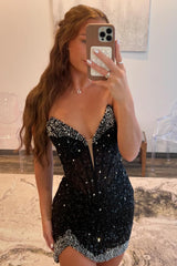 Black Homecoming Dress Strapless Corset Short Prom Dress with Beadings