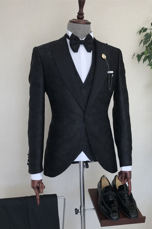 Black Jacquard Peaked Lapel 3 Piece Men's Prom Suit