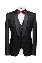 Black Jacquard Shawl Lapel Three Piece Wedding Suit for Men