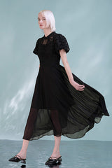 Black Lace Chiffon Asymmetrical Midi Casual Summer Holiday Dress
