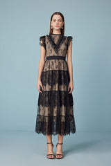 Black Lace Tiered Midi Casual Summer Boho Dress