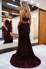 Black Lace-Up Back Sequined Mermaid Prom Dress with Slit