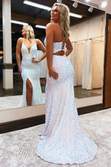 Black Lace-Up Back Sequined Mermaid Prom Dress with Slit