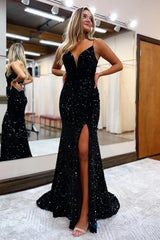 Black Lace-Up Back Sequined Mermaid Prom Dress with Slit