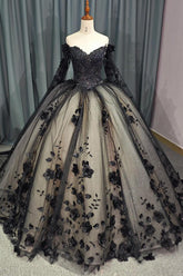 Black Long Sleeve Quinceanera Dress Ball Gown Off The Shoulder Sweet 16 Dress