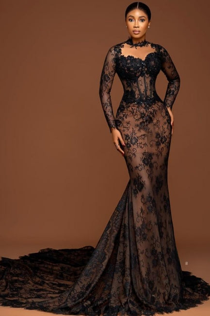 Black Mermaid Black Formal Dress Lace Beaded Sleeve Court Train Evening Dress