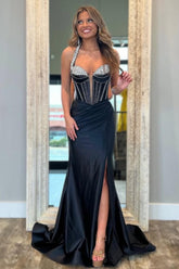 Black Mermaid Fit With Sweetheart Bodice Beaded Detail And Thigh Slit Prom Dress Formal Evening Gown
