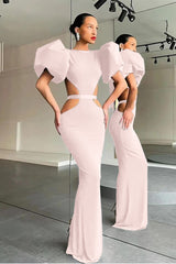 Black Mermaid Formal Dress Puff Sleeve Evening Dress