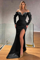 Black Mermaid Prom Dress Long Sleeve Off the Shoulder Beaded Formal Dress