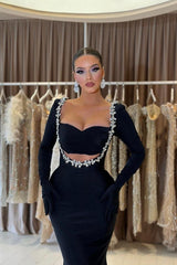 Black Mermaid Prom Dress Long Sleeve Sweetheart Beaded Formal Dress