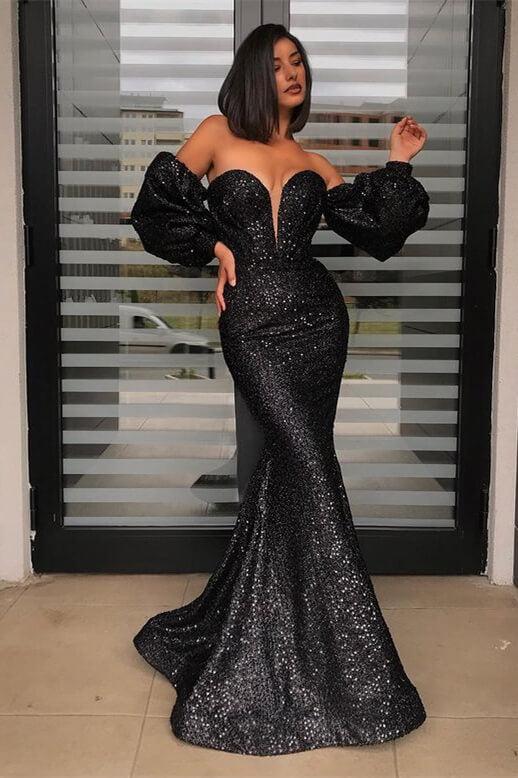 Black Mermaid Prom Dress Long Sleeve Sweetheart Sequined Formal Dress