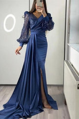 Black Mermaid Prom Dress Long Sleeve V Neck Satin Sequined Formal Dress