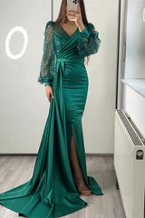 Black Mermaid Prom Dress Long Sleeve V Neck Satin Sequined Formal Dress