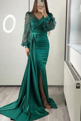 Black Mermaid Prom Dress Long Sleeve V Neck Satin Sequined Formal Dress