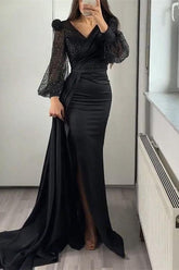 Black Mermaid Prom Dress Long Sleeve V Neck Satin Sequined Formal Dress