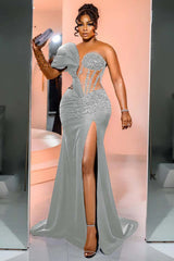 Black Mermaid Prom Dress One Shoulder Beaded Formal Dress