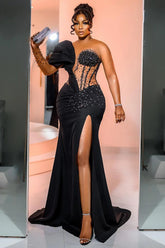Black Mermaid Prom Dress One Shoulder Beaded Formal Dress