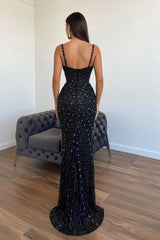 Black Mermaid Prom Dress Sleeveless Beaded Spaghetti Straps Formal Dress