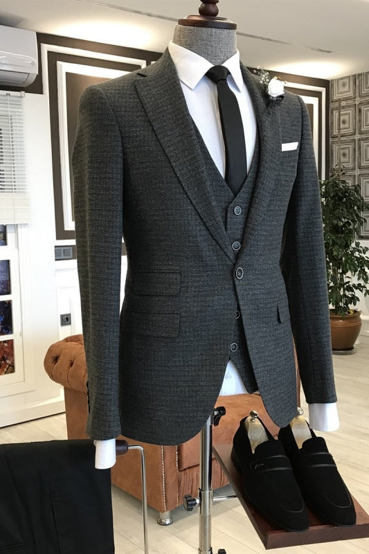 Black Notched Lapel 3 Piece Simple Business Suit