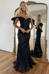 Black Off-Shoulder Sequin Mermaid Prom Dress With Bow Sleeves And Train Formal Evening Gown