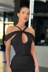 Black Off The Shoulder Halter Mermaid Evening Dress