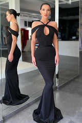 Black Off The Shoulder Halter Mermaid Evening Dress