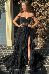 Black Off The Shoulder Tiered Lace Prom Dress with Slit