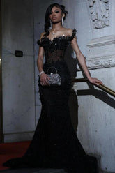 Black Off the Shoulder Prom Dress Mermaid Formal Evening Dress with Sequins and Beadings