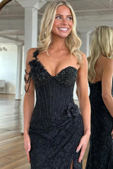 Black One Shoulder Beaded Corset Prom Dress With Floral Appliques And Chain Detail Formal Evening Gown