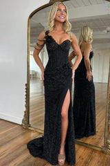 Black One Shoulder Beaded Corset Prom Dress With Floral Appliques And Chain Detail Formal Evening Gown