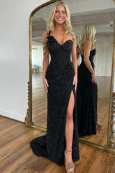 Black One Shoulder Beaded Corset Prom Dress With Floral Appliques And Chain Detail Formal Evening Gown