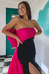 Black Patchwork Strapless Mermaid Long Prom Dress with Back Bowknot