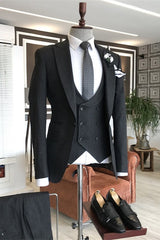 Black Peaked Lapel Close Fitting 3 Piece Men's Business Suit