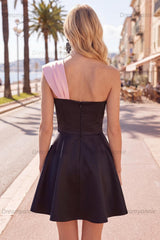 Black & Pink One Shoulder Beaded A-Line Short Homecoming Dress with Bow