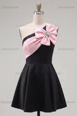 Black & Pink One Shoulder Beaded A-Line Short Homecoming Dress with Bow