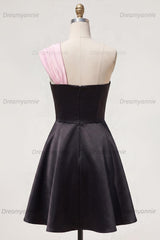 Black & Pink One Shoulder Beaded A-Line Short Homecoming Dress with Bow