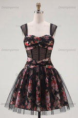 Black & Pink Floral Ruched Corset A-Line Short Homecoming Dress