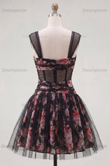 Black & Pink Floral Ruched Corset A-Line Short Homecoming Dress