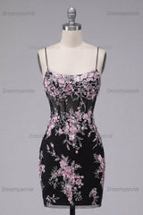 Black & Pink Floral Spaghetti Straps Corset Tight Short Homecoming Dress