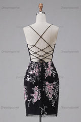 Black & Pink Floral Spaghetti Straps Corset Tight Short Homecoming Dress