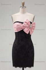 Black & Pink Floral Strapless Beaded Corset Tight Short Homecoming Dress with Bow