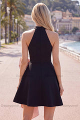 Black & Pink High Neck A-Line Short Homecoming Dress with Bow