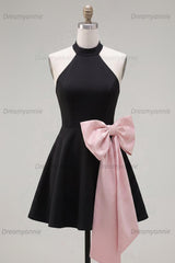 Black & Pink High Neck A-Line Short Homecoming Dress with Bow